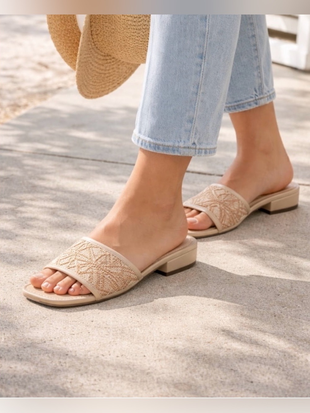 Chaps Beige Embroidered Slide Mules